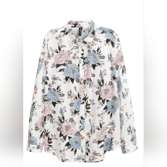 H&M Divided Floral Blue & Pink Button Down Shirt Size 14 - Picture 2 of 9